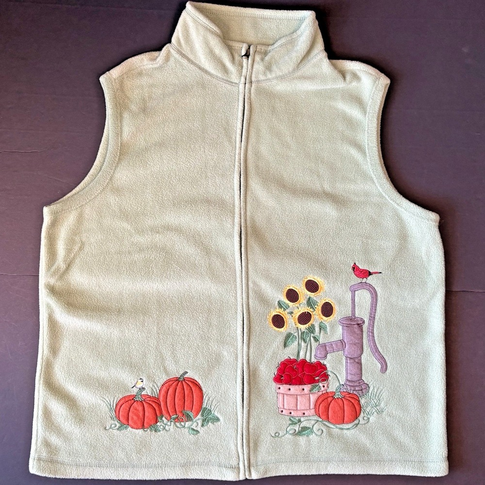 Baxter & Wells Fleece Vest Womens XL Sage Green Fall Apples Pumpkins Sunflowers